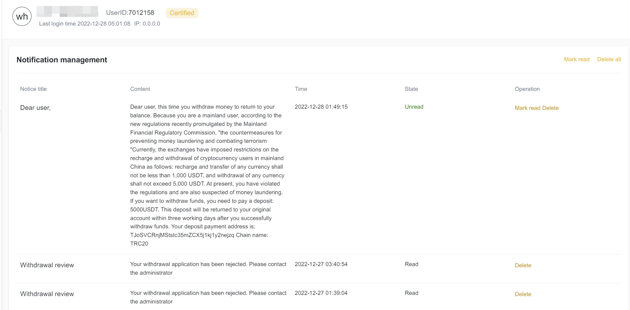 The withdrawal of more than 5,000 USDT was rejected, and a deposit of 5,000 USDT was required to lift the limit. What should I do?