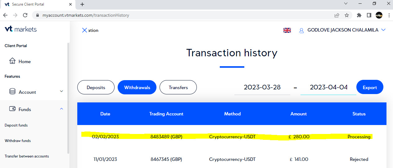 280 usd Withdrawal pending , no response Account 8483489No.