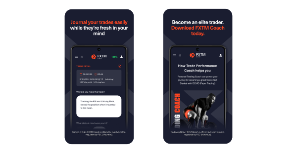 3 phone screens showing the FXTM Coach app