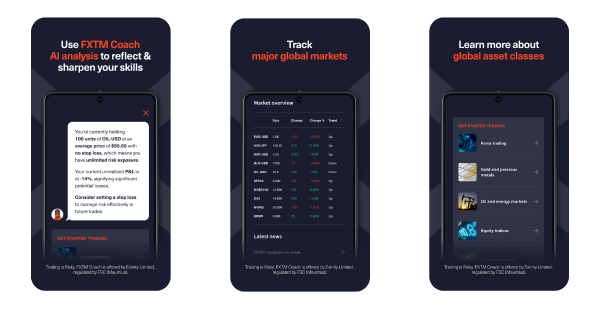 3 phone screens showing the FXTM Coach app