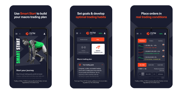 3 phone screens showing the FXTM Coach app