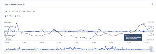 Dogecoin Price vs. DOGE Large Holder Netflow | IntoTheBlock