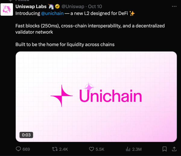 - Uniswap Announces Unichain L2, Oct 10 | X/UniswapLabs