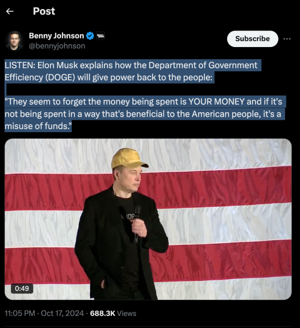 Elon Musk Mentions Dogecoin (DOGE) at Trump Rally, Oct 17, 2024 | X/BennyJohnson